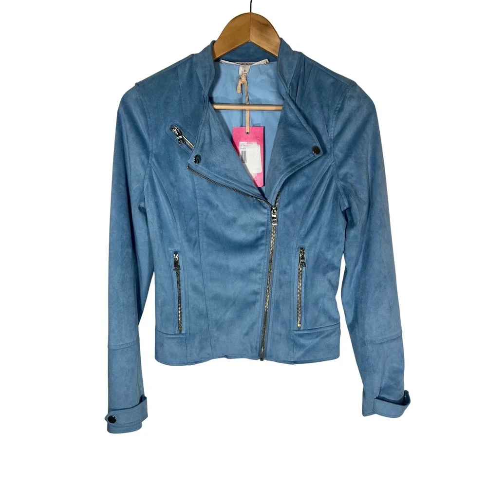 Chelsea & Violet Moto Jacket Faux Suede Small Blue Asymmetrical Zip Pocket NWT - Picture 2 of 11